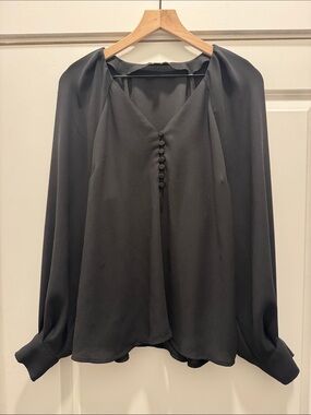 Express Black V-Neck Long-Sleeve Blouse with Covered Buttons